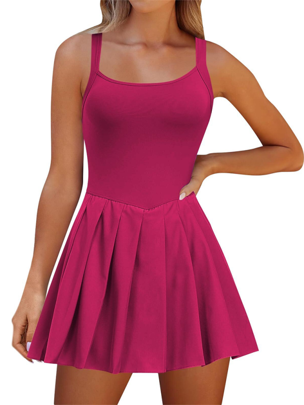 Ladies new style pocket solid color halter neck high waist two in one dress-chiquechics