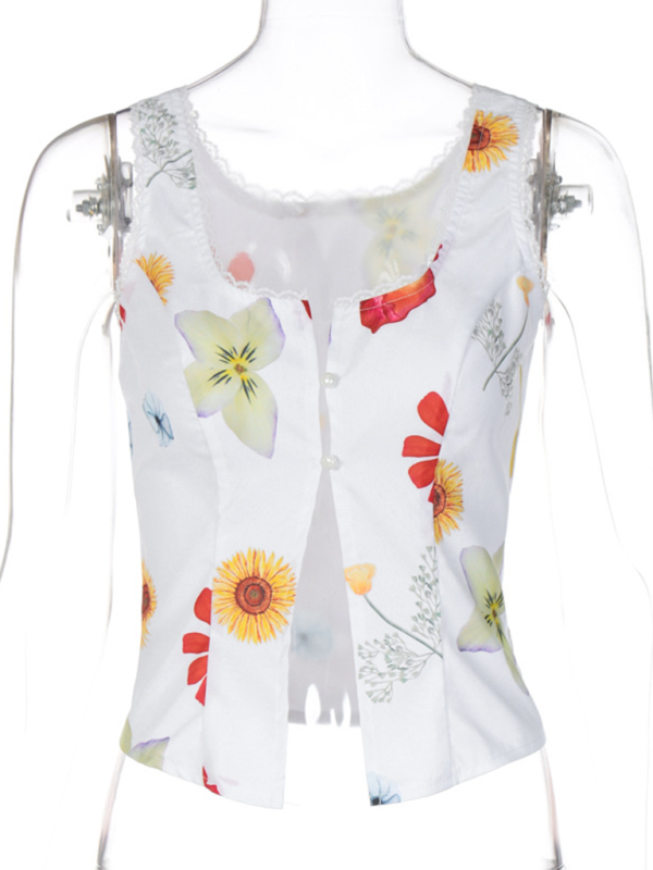 New style square neck sleeveless button-down cardigan short navel-exposing vest-chiquechics