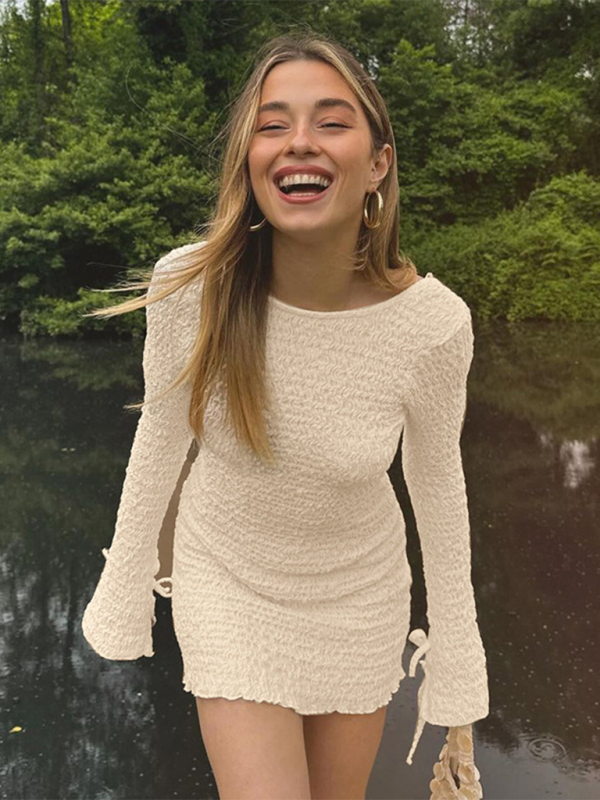 New fashion simple round neck long sleeve hot girl sexy big back tight hip dress-chiquechics