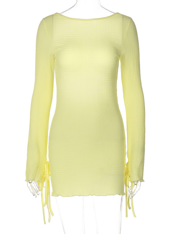 New fashion simple round neck long sleeve hot girl sexy big back tight hip dress-chiquechics