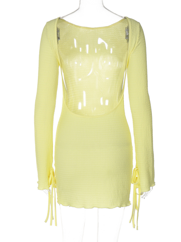 New fashion simple round neck long sleeve hot girl sexy big back tight hip dress-chiquechics