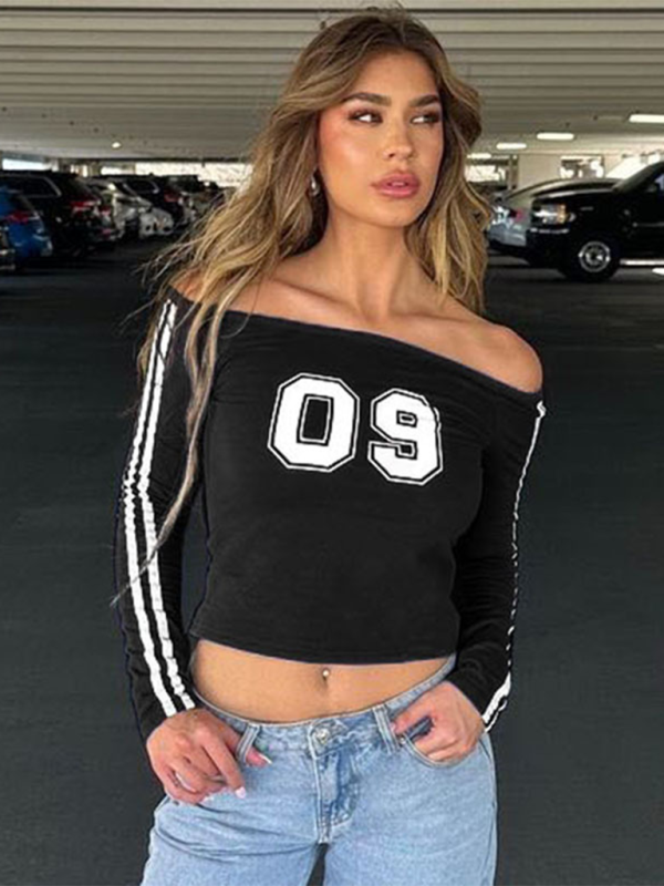 New fashion simple sports digital printing striped contrast color one-shoulder top long-sleeved T-shirt-chiquechics