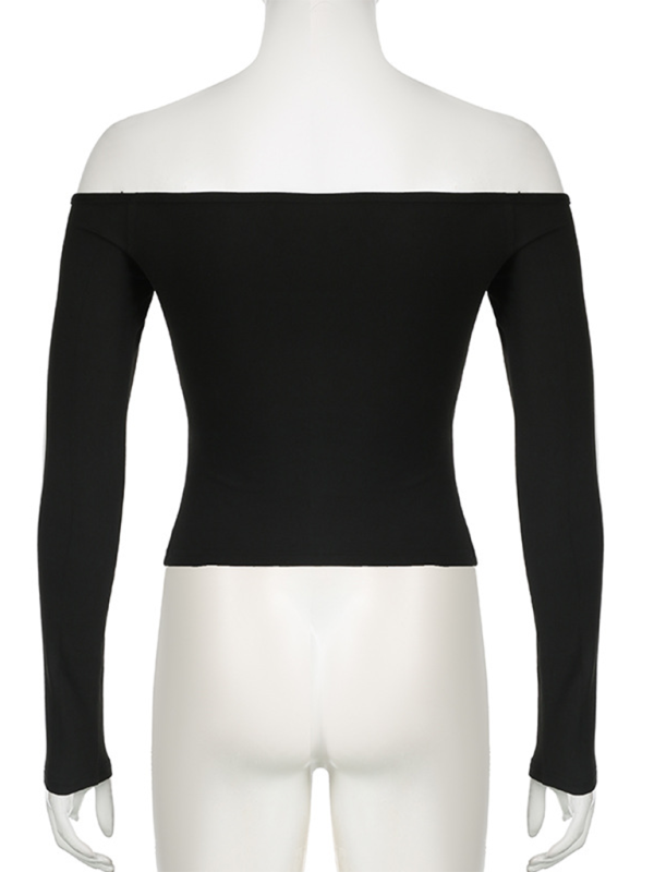 New fashion simple sports digital printing striped contrast color one-shoulder top long-sleeved T-shirt-chiquechics