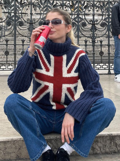 Women's high collar flag sweater loose long sleeve outer wear woolen top-chiquechics