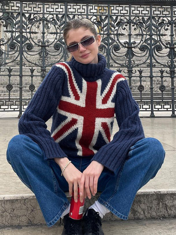 Women's high collar flag sweater loose long sleeve outer wear woolen top-chiquechics