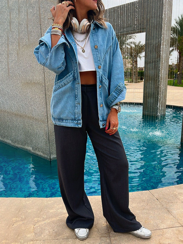 Autumn and winter jacket washed denim cotton loose retro water blue lapel double pocket jacket-chiquechics