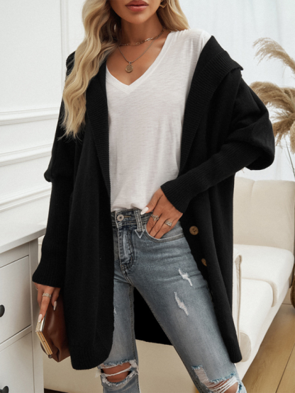 Casual Loose Cardigan Button-Down Hooded Sweater Jacket-chiquechics