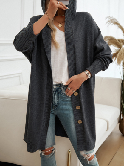 Casual Loose Cardigan Button-Down Hooded Sweater Jacket-chiquechics