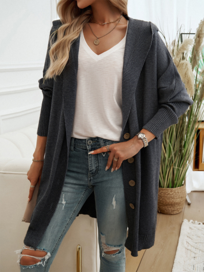 Casual Loose Cardigan Button-Down Hooded Sweater Jacket-chiquechics