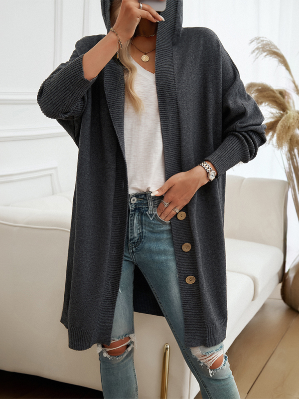 Casual Loose Cardigan Button-Down Hooded Sweater Jacket-chiquechics