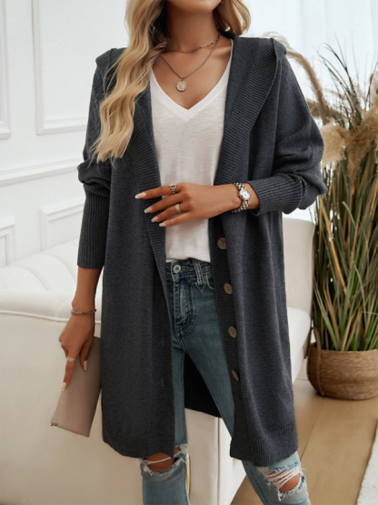 Casual Loose Cardigan Button-Down Hooded Sweater Jacket-chiquechics