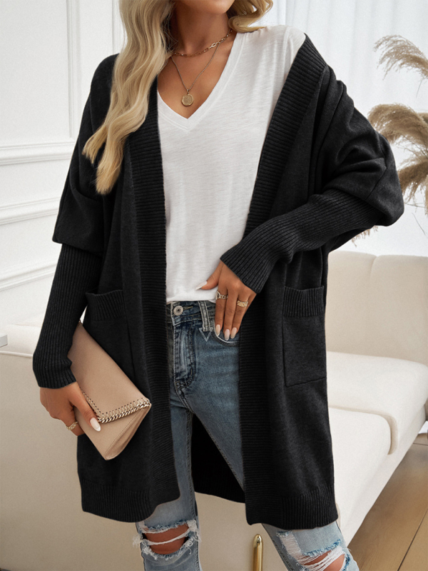 Batwing Sleeve Cardigan Solid Color Sweater Jacket-chiquechics