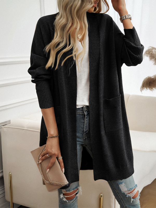 Batwing Sleeve Cardigan Solid Color Sweater Jacket-chiquechics