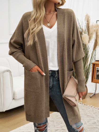 Batwing Sleeve Cardigan Solid Color Sweater Jacket-chiquechics