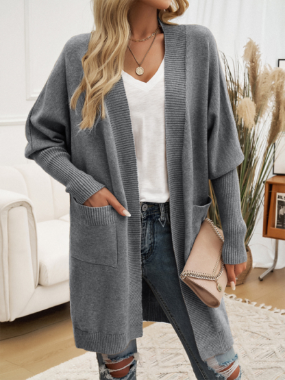 Batwing Sleeve Cardigan Solid Color Sweater Jacket-chiquechics