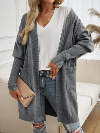 Batwing Sleeve Cardigan Solid Color Sweater Jacket-chiquechics