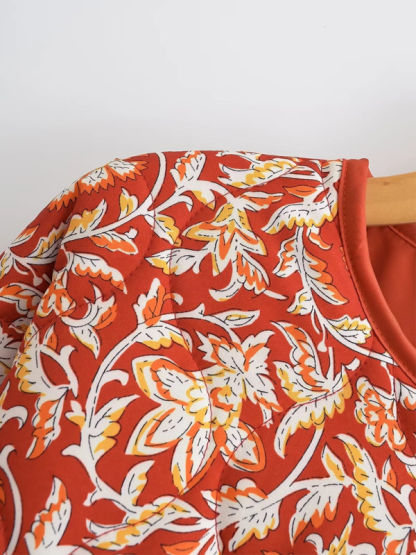 Contrast color casual retro print cotton jacket-chiquechics