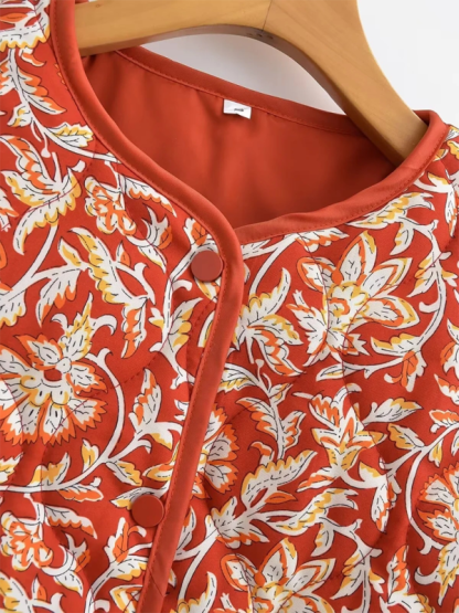 Contrast color casual retro print cotton jacket-chiquechics