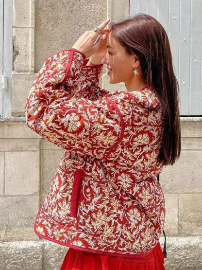 Contrast color casual retro print cotton jacket-chiquechics