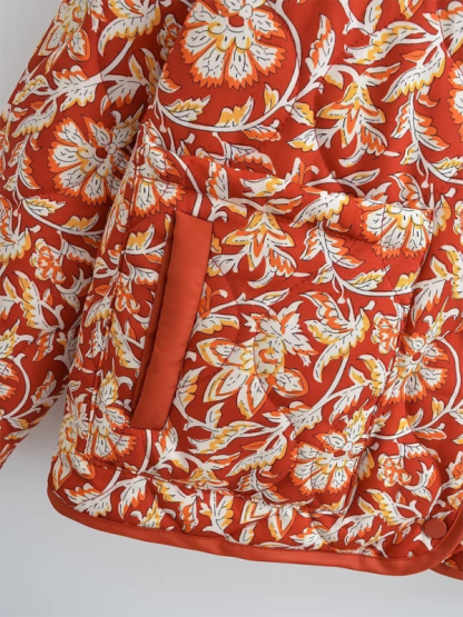 Contrast color casual retro print cotton jacket-chiquechics