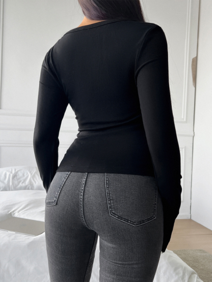 Slim Fit V-Neck Button Long Sleeve T-Shirt-chiquechics