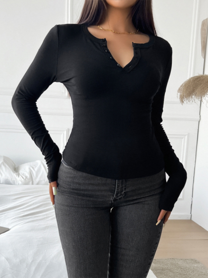 Slim Fit V-Neck Button Long Sleeve T-Shirt-chiquechics