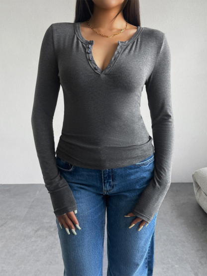 Slim Fit V-Neck Button Long Sleeve T-Shirt-chiquechics