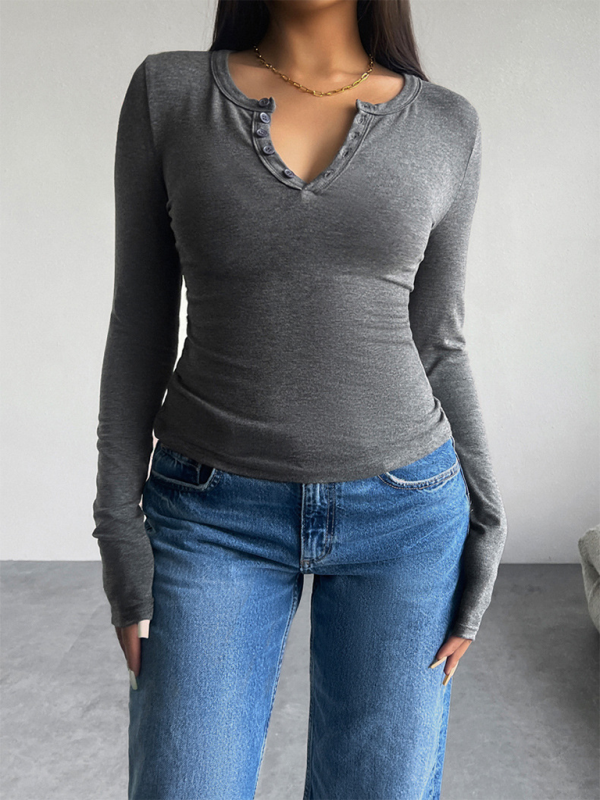 Slim Fit V-Neck Button Long Sleeve T-Shirt-chiquechics
