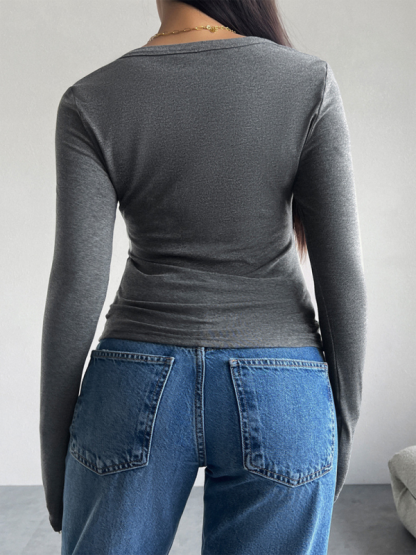 Slim Fit V-Neck Button Long Sleeve T-Shirt-chiquechics