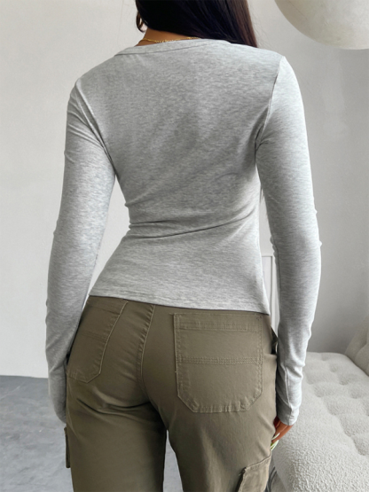 Slim Fit V-Neck Button Long Sleeve T-Shirt-chiquechics