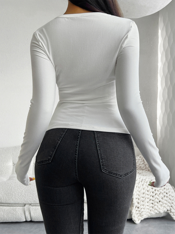 Slim Fit V-Neck Button Long Sleeve T-Shirt-chiquechics