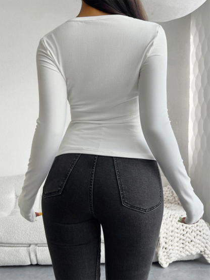 Slim Fit V-Neck Button Long Sleeve T-Shirt-chiquechics