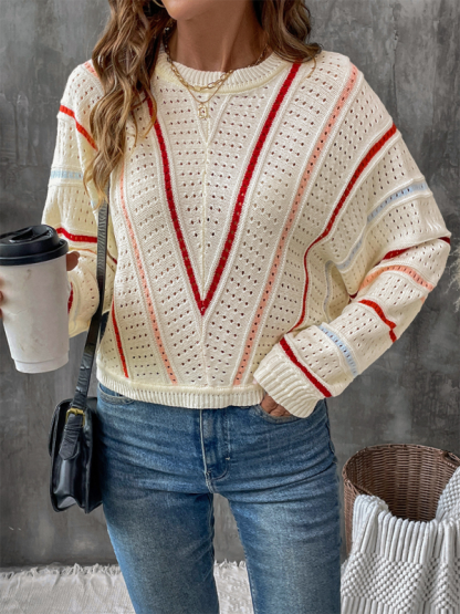 Colorful striped sweater crew neck pullover sweater-chiquechics