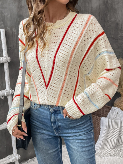 Colorful striped sweater crew neck pullover sweater-chiquechics