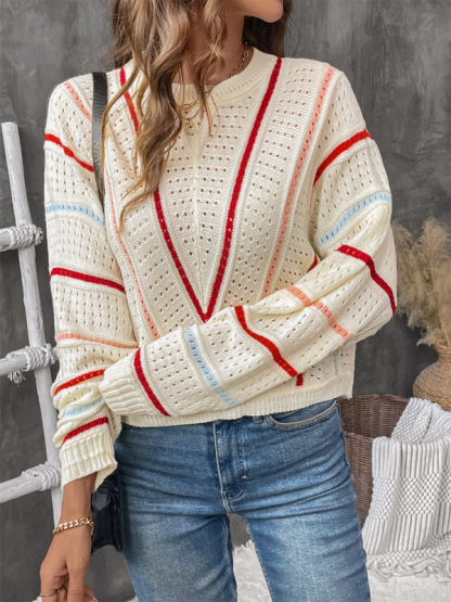 Colorful striped sweater crew neck pullover sweater-chiquechics