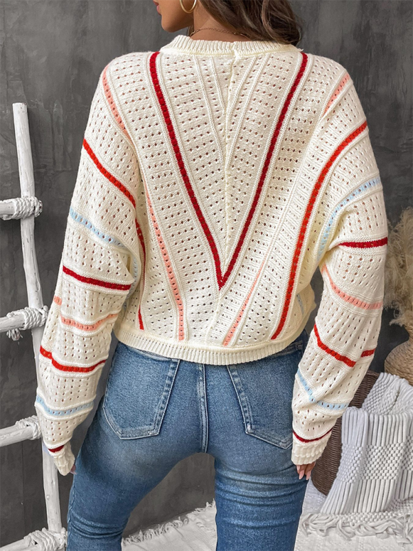 Colorful striped sweater crew neck pullover sweater-chiquechics
