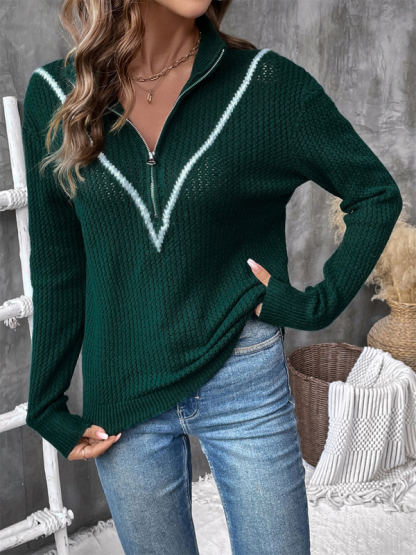 New knitted pullover retro dark green lapel sweater-chiquechics
