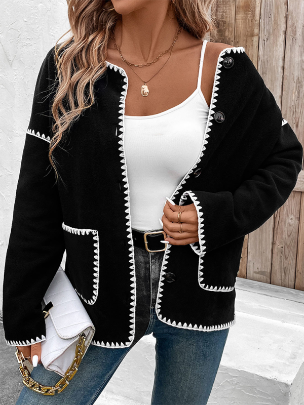 Loose-fitting colorblock fleece jacket-chiquechics