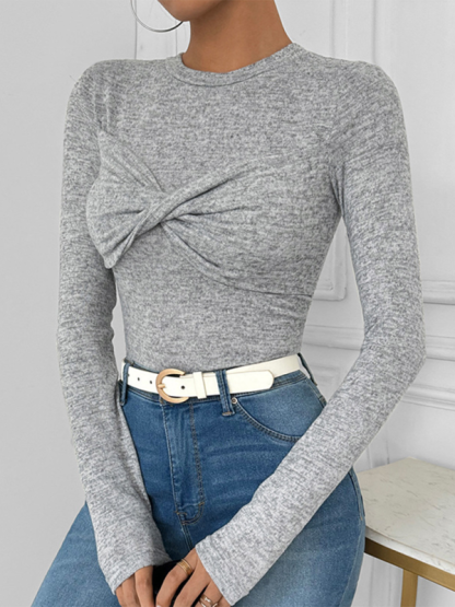 Twisted solid color long sleeve slim fit T-shirt-chiquechics