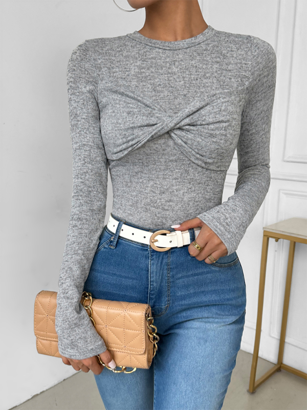 Twisted solid color long sleeve slim fit T-shirt-chiquechics