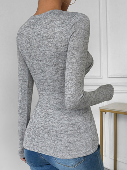 Twisted solid color long sleeve slim fit T-shirt-chiquechics