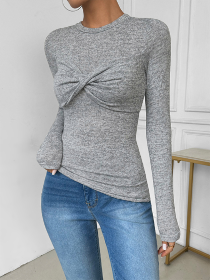Twisted solid color long sleeve slim fit T-shirt-chiquechics