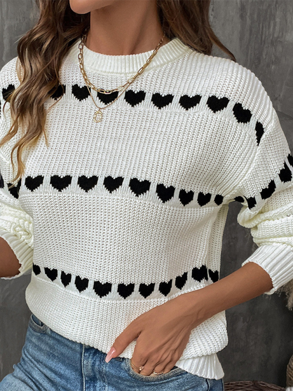 White Long Sleeve Heart Sweater-chiquechics