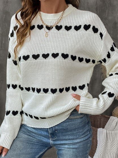 White Long Sleeve Heart Sweater-chiquechics