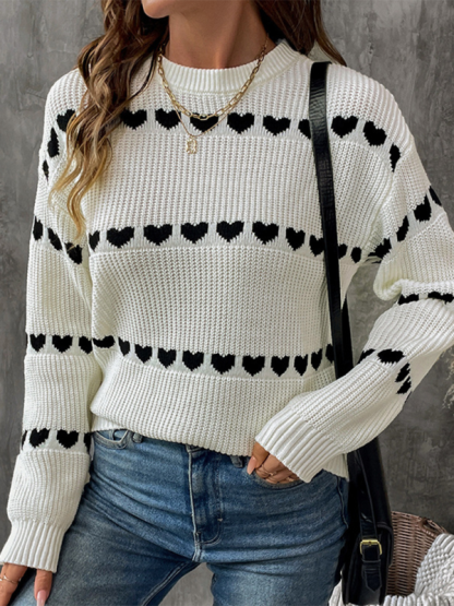 White Long Sleeve Heart Sweater-chiquechics