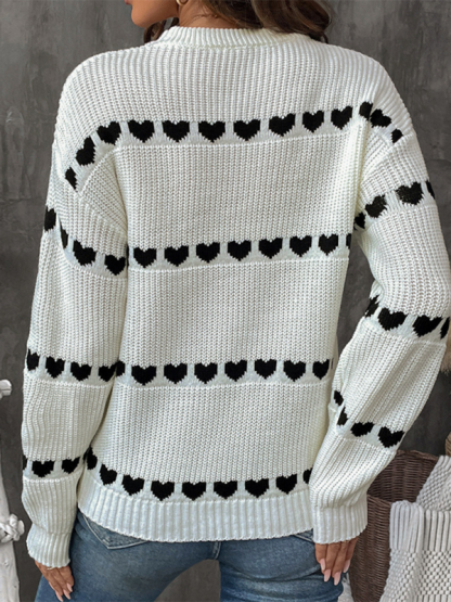 White Long Sleeve Heart Sweater-chiquechics