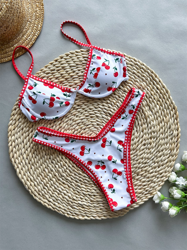 Sexy Gathered Cherry Print Two-Piece Swimsuit for Women-chiquechics