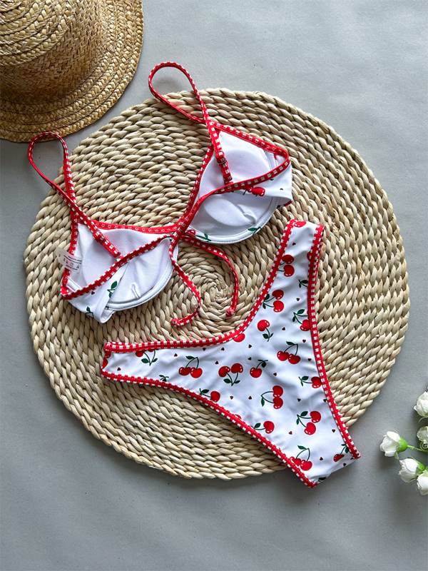 Sexy Gathered Cherry Print Two-Piece Swimsuit for Women-chiquechics