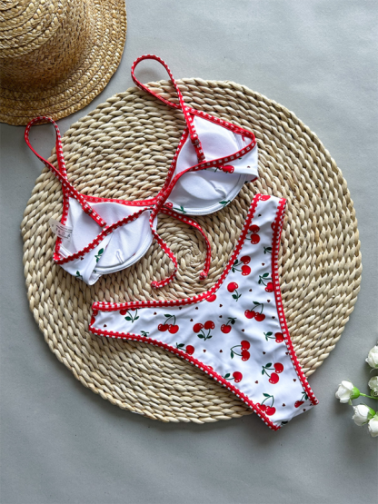 Sexy Gathered Cherry Print Two-Piece Swimsuit for Women-chiquechics