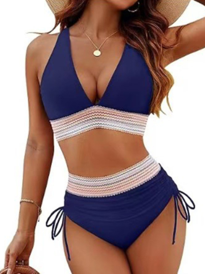 High waist two piece V neck tie bikini swimwear